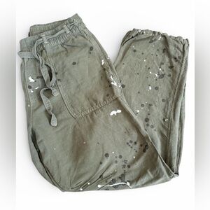 NSF Splatter Paint Olive Green Linen Crop Pull On Pants‎ Women's Size Small